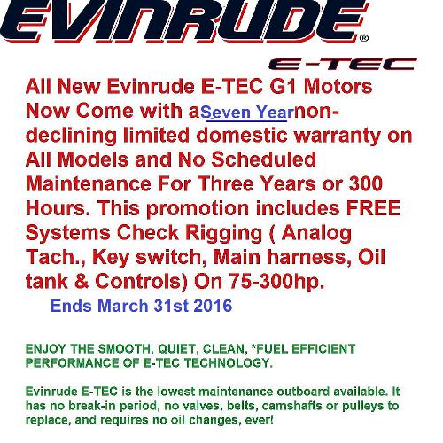 2015 EVINRUDE E-TEC 7 Year Factory Warranty w/ Free Rigging Componets Engine and Engine Accessories