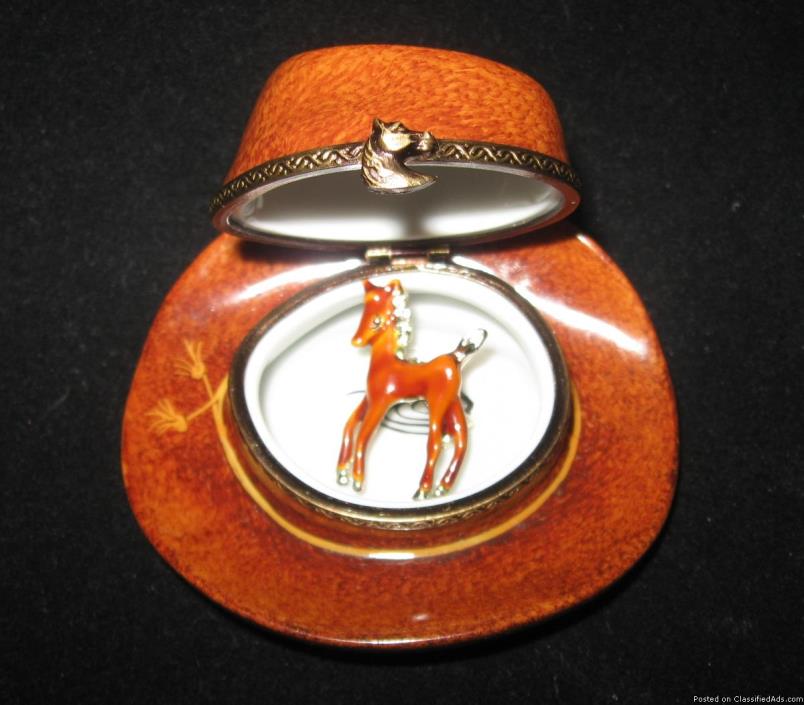 Brown Cowboy Hat Hinged Trinket Box Peint Main France Limoges Rochard, 0