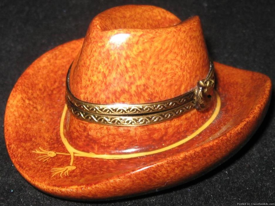 Brown Cowboy Hat Hinged Trinket Box Peint Main France Limoges Rochard, 2