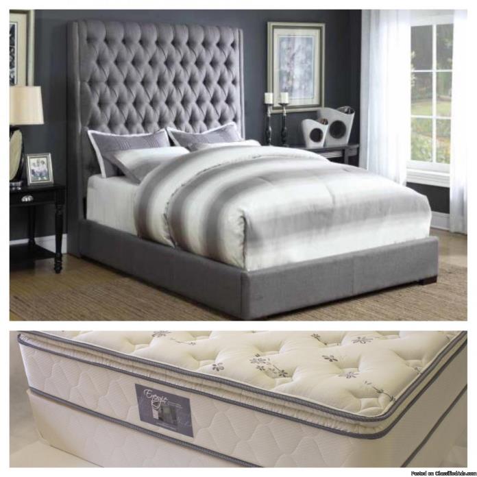 Light Grey Linen Queen bed and mattress set, 0