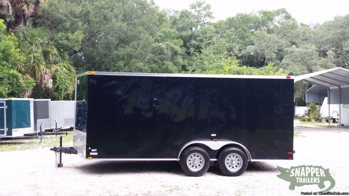 7x16' Black Enclosed Cargo Trailer W/ Rear Ramp, RV-Style Side Door, & +3 Height