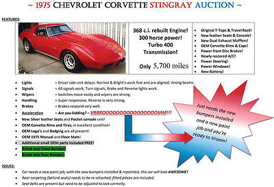 Chevrolet : Corvette stock 1975 red corvette stingray original t tops oem rims many extras too