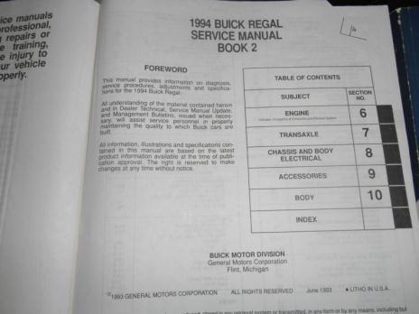 Helm's Factory Service Manual 1994 Buick Regal W Body 2 Volume Set, 1