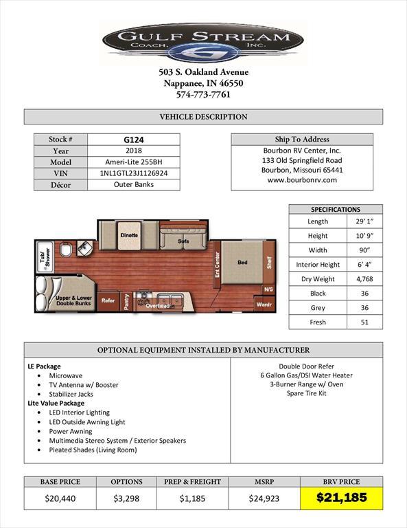 2018 Gulf Stream Ameri-Lite 255BH