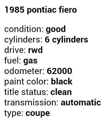 Pontiac : Fiero GT 1985 pontiac fiero gt coupe 2 door 2.8 l