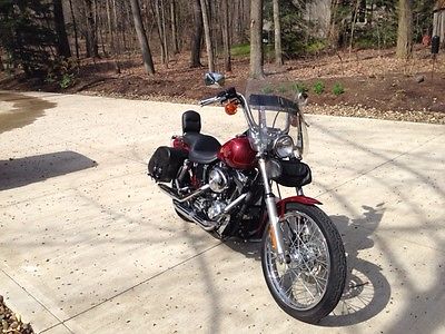 Harley-Davidson : Dyna red pearl, luggage rack, multiple leather bags, windshield, back rest,