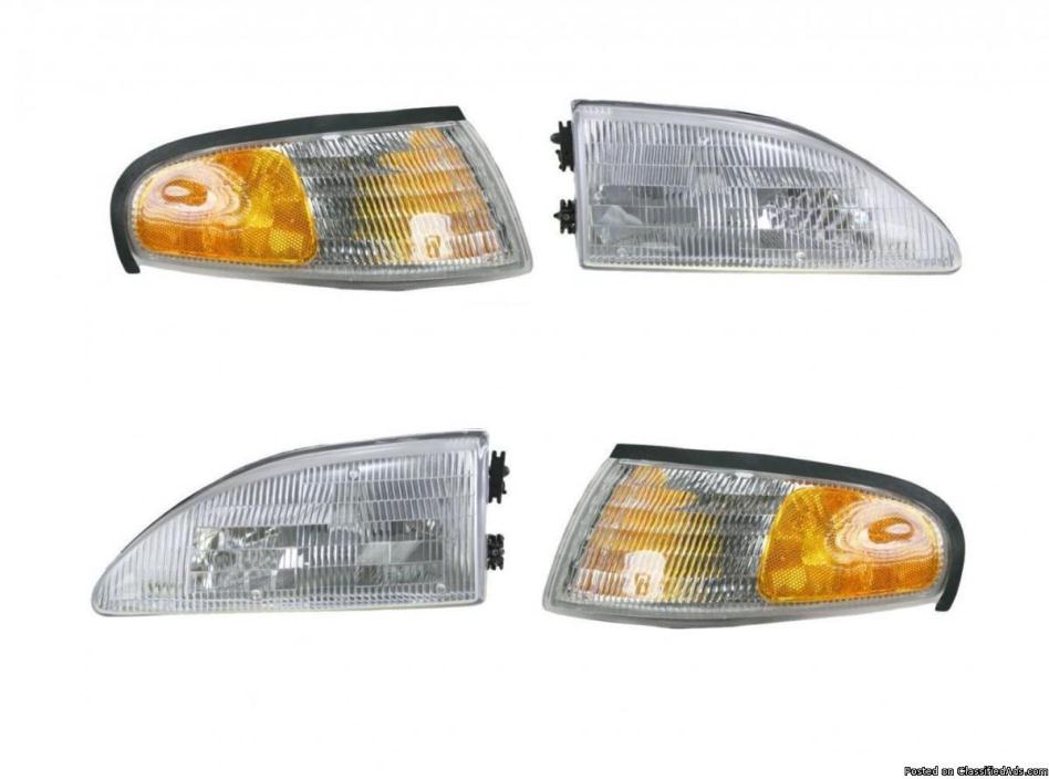 Headlights & Parking Corner Lights Left & Right Pair Set for 94-98 Ford Mustang, 0