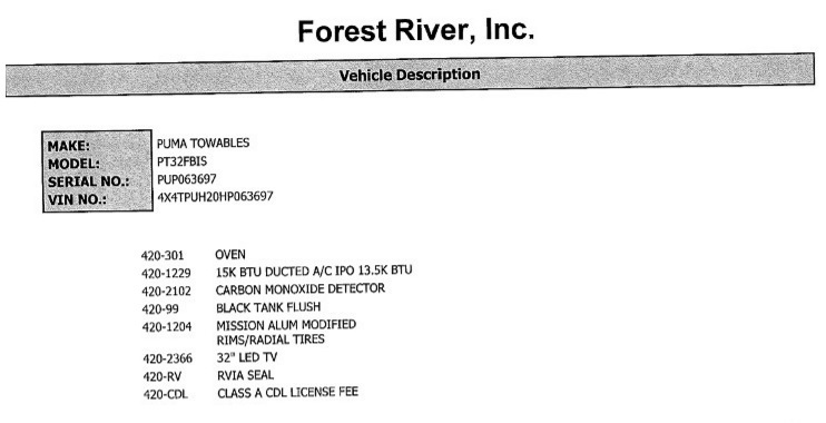 2016 Forest River Puma Towables PT32FBIS