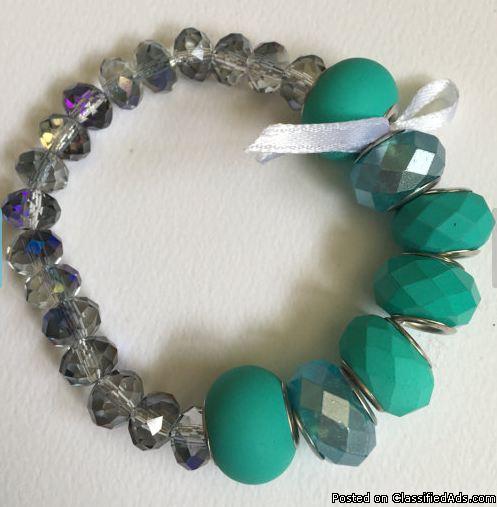 Stretch Bracelet Teal/Turquoise, Clear Crackled Glass, 0