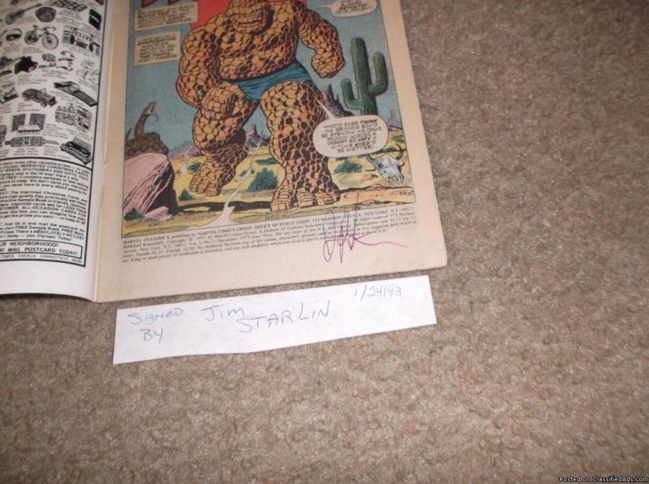 Signed by STARLIN *  KEY: MARVEL FEATURE # 12 * THANOS * 1973 * Thing & Iron Man, 1