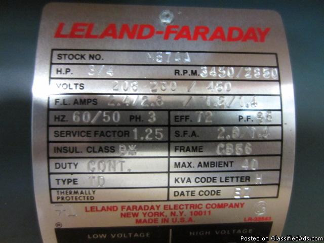 #026 3/4HP Leland Faraday, 3450 RPM 3 PHASE, 60 Cycle electric motor - NEW!, 2