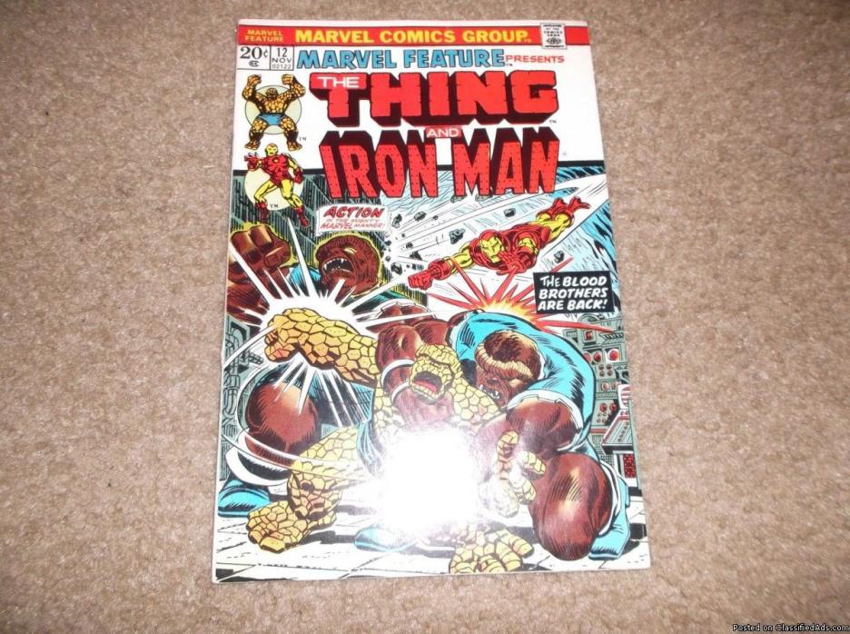 Signed by STARLIN *  KEY: MARVEL FEATURE # 12 * THANOS * 1973 * Thing & Iron Man
